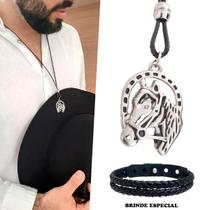 Colar de Couro Ajustável Country Pingente Ferradura Cavalo Colar de Couro Ajustável Country Pingente Ferradura Cavalo