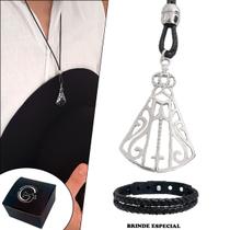 Colar de Couro Ajustável Country Pingente Vazado Nossa Senhora