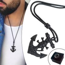 Colar de Couro Ajustável Tradicional Âncora e Caveira All Black