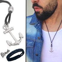 Colar de Couro Ajustável Tradicional Âncora Niquel
