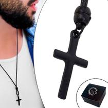 Colar de Couro Ajustável Tradicional Cruz Preta