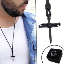 Colar de Couro Ajustável Tradicional Designer Cruz Prego Preto Colar de Couro Ajustável Tradicional Designer Cruz Prego Preto