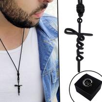 Colar de Couro Ajustável Tradicional Jesus All Black