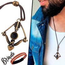 Colar de Couro Ajustável Tradicional Lança Flecha Indigena Ouro Velho