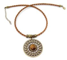 Colar De Couro Mandala Com Pedra Olho De Tigre Bijuterias