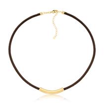 Colar de Couro Natural Café com Canutilho Curto Revestido em Ouro