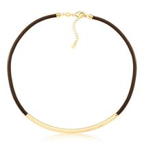 Colar de Couro Natural Café com Canutilho Longo Revestido em Ouro