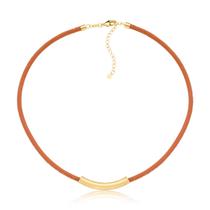 Colar de Couro Natural Caramelo com Canutilho Curto Revestido em Ouro Colar de Couro Natural Caramelo com Canutilho Curto Revestido em Ouro
