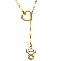 Colar de Filhos Gravatinha Mãe de Menina com Coração Vazado Folheado em Ouro 18K SoftJoias