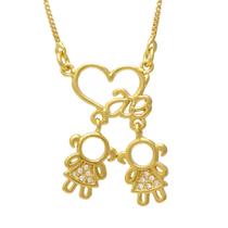 Colar de Filhos Mãe de Duas Meninas e Coração Folheado em Ouro 18K Softjoias