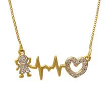 Colar de Filhos Mãe de Filha Menina com Batimento Cardíaco e Coração Cravejado Folheado em Ouro 18K SoftJoias