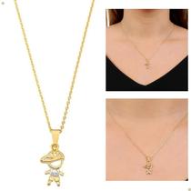 Colar de Filhos Menina ou Menino com Pingente Dourado com Pedras de Zircônia Banhado a Ouro 18k Banho Antialérgico Marca Andréia Branco Acessórios