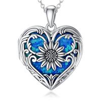 Colar de medalhão SOULMEET, coração de girassol, azul, opala, prata Colar de medalhão SOULMEET, coração de girassol, azul, opala, prata