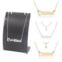 Colar de Nome Cristina folheado a dourado estilo feminino adulto Gagrantilha Aço Inox Prateada