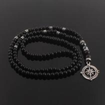 Colar de Obsidiana Preta Fosca 6mm com Pingente de Bússola - Joia Artesanal Masculina