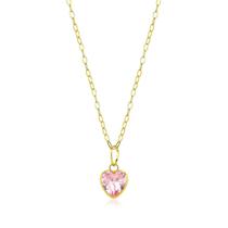 Colar De Ouro 18k Cordão 45cm Feminino C/ Coração Zircônia Cor:Rosa