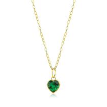 Colar De Ouro 18k Cordão 45cm Feminino C/ Coração Zircônia Cor:Verde