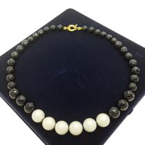 Colar De Pérolas Com Pedras Negras Banho De Ouro 4810