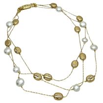 Colar De Pérolas Moeda 3 Voltas Fecho Gaveta Prata Em Banho De Ouro 4811