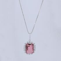 Colar de Prata Coleção Queens Cristal Safira Rosa 8x10 e Zircônias Brancas 45cm