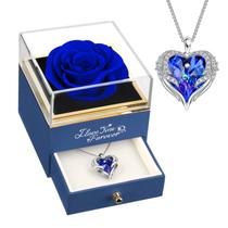Colar de rosa azul real preservado NEWNOVE com asas de anjo