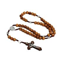 Colar De Rosário Católico Feminino Com Contas De Madeira, Crucifixo Cristão INRI, Pingente De Cruz,
