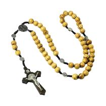 Colar De Rosário Católico Feminino Com Contas De Madeira, Crucifixo Cristão INRI, Pingente De Cruz,