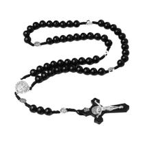 Colar De Rosário Católico Feminino Com Contas De Madeira, Crucifixo Cristão INRI, Pingente De Cruz,