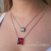 Colar de semi joia banhado a ródio negro vermelho