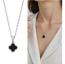 Colar De Trevo Preto Gargantilha Feminino Aço Inox Prateado