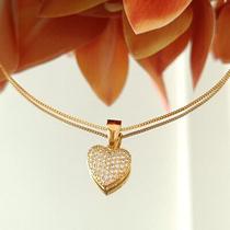 Colar Delicado Veneziana Coração Microcravejado Cristal / Banhado Ouro