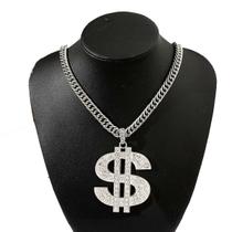 Colar Dolar Cifrão Dinheiro Prateado Hip Hop Luxo Strass Colar Dolar Cifrão Dinheiro Prateado Hip Hop Luxo Strass