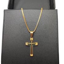 colar dourado feminino crucifixo pai nosso fino inox cruz c4