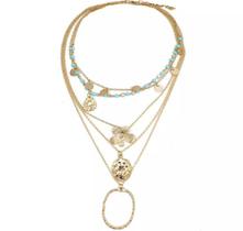 Colar Dourado Multicamadas Delicado Pingente Flor Azul Gota