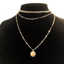 Colar Dourado Trio Chocker Correntes Pingente Medalhão D4563