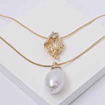 Colar Duplo Aço Inox Dourado com Pingente Orgânico