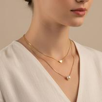 Colar Duplo Com Pérola e Coração Liso Banhado a Ouro