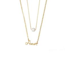 Colar Duplo com Pingente Amor e Pérola GARIMPO Banhado a Ouro 18k Feminino 45 cm