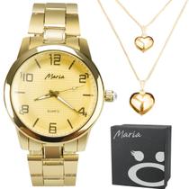 Colar Duplo Coração + Caixa + Relogio Feminino Dourado Aço Colar Duplo Coração + Caixa + Relogio Feminino Dourado Aço