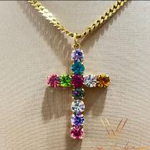Colar duplo cruz cristal multicolor dourado ana walcacer semijoias.