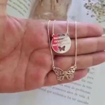 Colar Duplo "das minhas cicatrizes nasceram asas" e "borboleta" Folheado a Prata