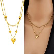 Colar Duplo Feminina Dourado Luxo Coração Alta Qualidade Colar Duplo Feminina Dourado Luxo Coração Alta Qualidade