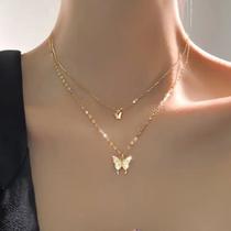 Colar Duplo Feminino Banhado a Ouro 18k com Pingentes de Borboleta Delicadeza e Elegância em Camadas