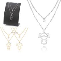 Colar Duplo Feminino Casal Menino Menina filho filha família prata em aço inox folheado a dourado