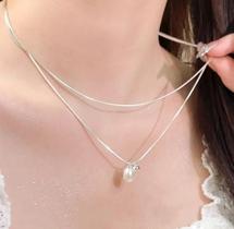 Colar Duplo Feminino Com Pérola Banhado Prata Minimalista