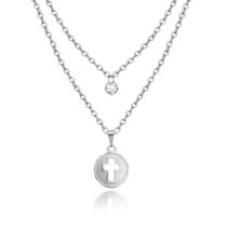 colar duplo feminino cordão mini cruz redondo em aço inox prata prateado não escurece colar duplo feminino cordão mini cruz redondo em aço inox prata prateado não escurece