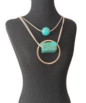 Colar Duplo Feminino Cordão Pingente Geométrico com Aro Dourado
