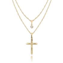 colar duplo feminino Cruz jesus cristo ponto de luz folheado dourado gargantilha corrente fino