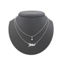 Colar Duplo Feminino de Jesus escrito aço Inox pedra zircônia Palavra cristo prateado não escurece Colar Duplo Feminino de Jesus escrito aço Inox pedra zircônia Palavra cristo prateado não escurece