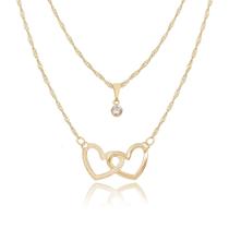Colar duplo feminino folheado dourado dois coração vazado gargantilha com ponto de luz strass